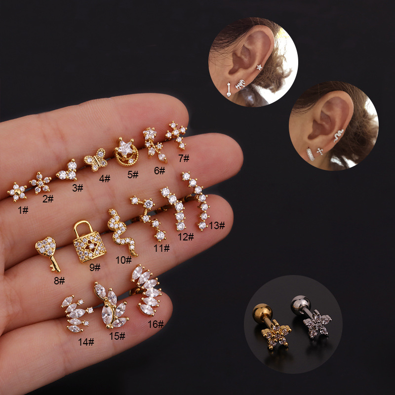 Body Jewelry Surgical Steel - 16G Stainless Steel Floral/Snake/Star/Butterfly CZ Earrings